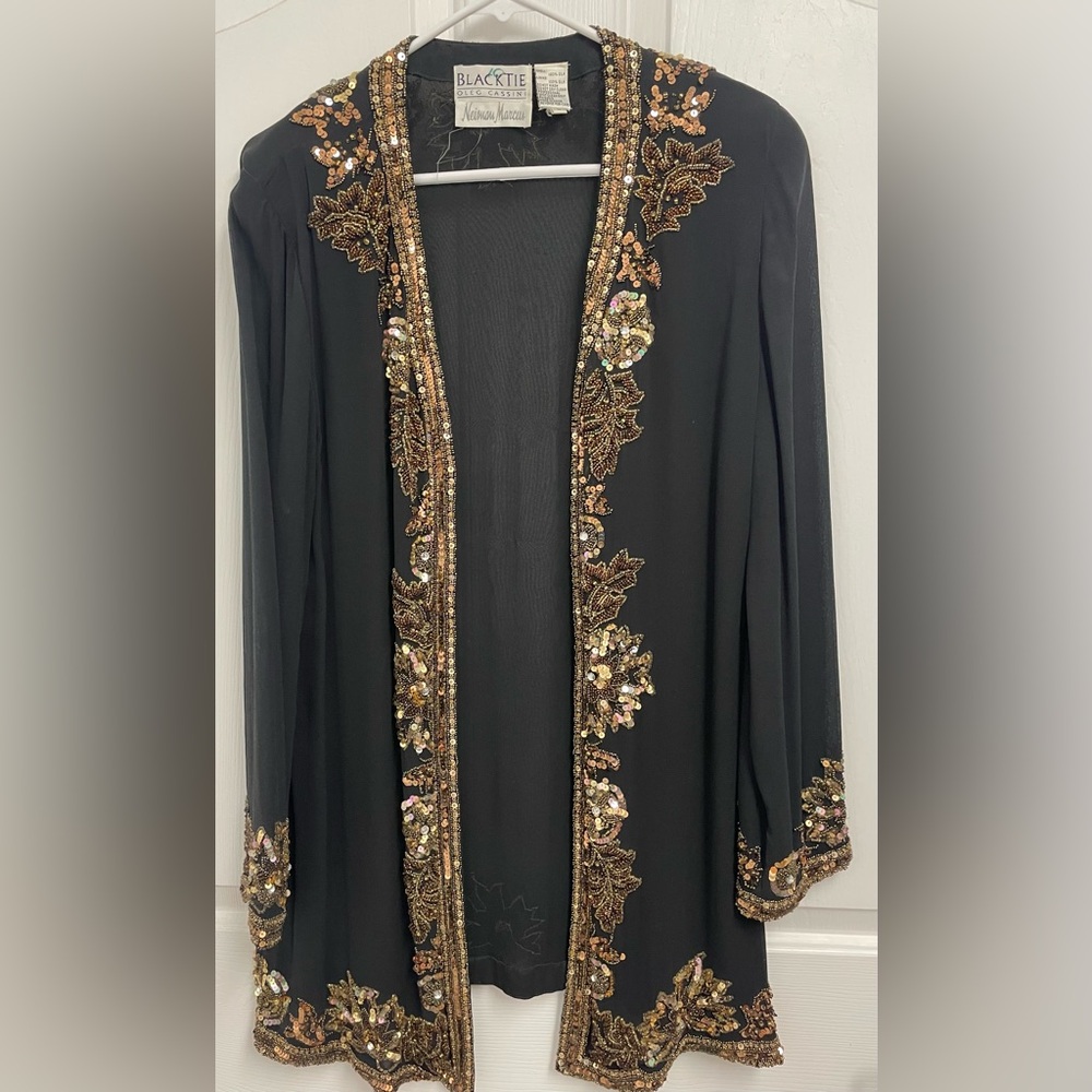 Vintage Revolve Women’s Black Beaded Jacket Shawl Gold Sequin Formal Large